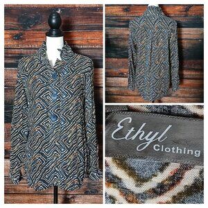 Ethyl Blouse Top Size M Artful Aura Rayon Boho High Mandarin Collar Button